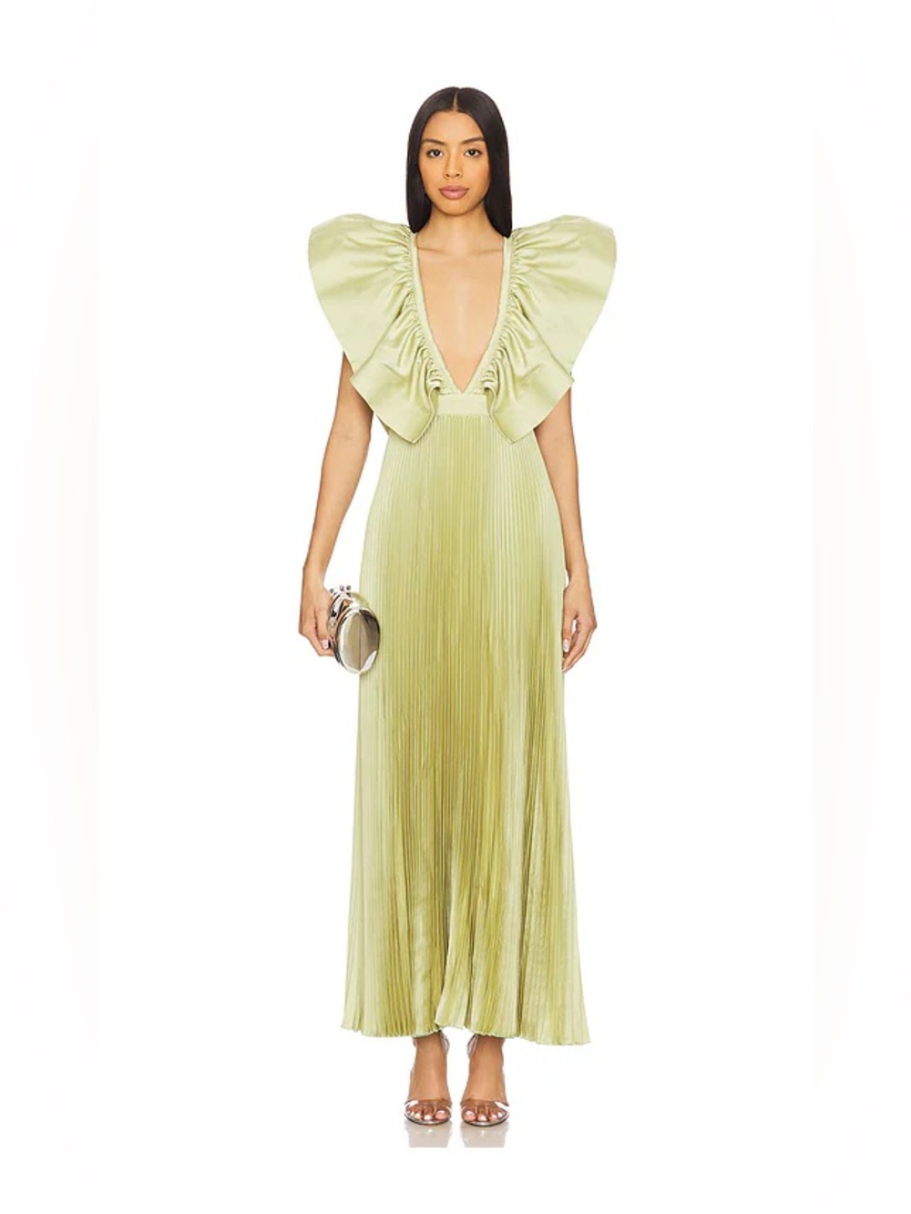L’IDÉE Ventoux Pine Gloss Green Ruffle Pleated Maxi Gown Revolve FWRD